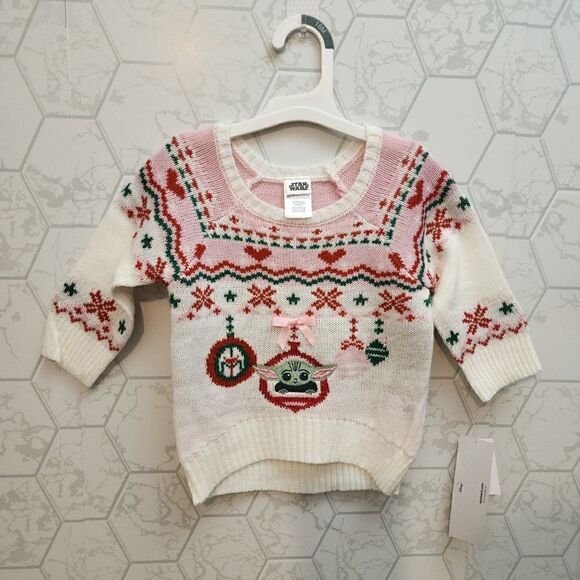 Nwt Toddler Girls' Star Wars Baby Yoda Christmas Ugly Pullover Sweater - Beige - Picture 4 of 8